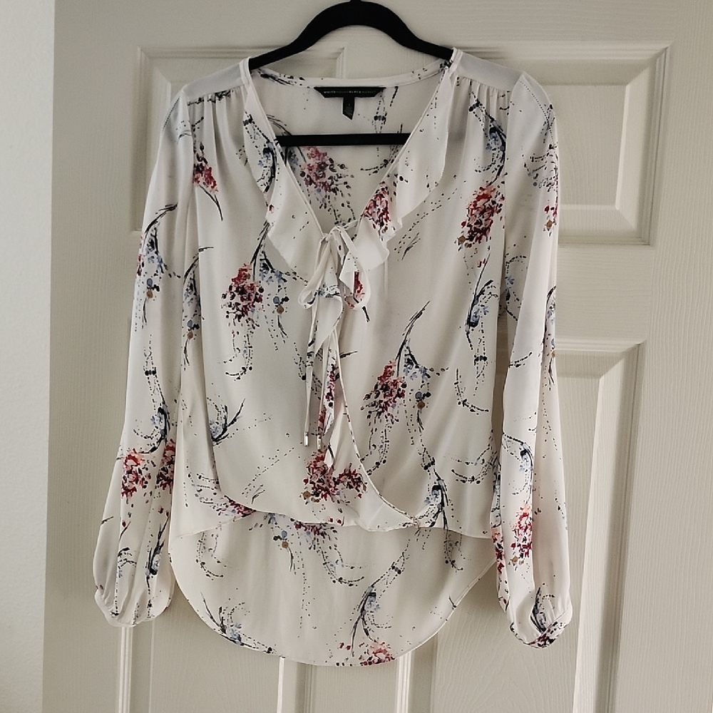 Lightweight White Floral Tie-Neck Blouse